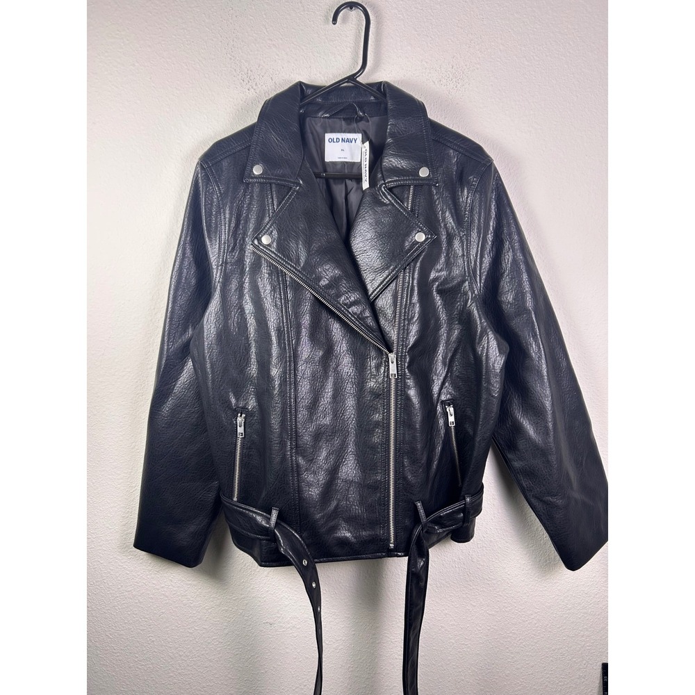 Old Navy Womens Black Faux Leather Moto Jacket Belted Asymmetrical Zip XL NEW